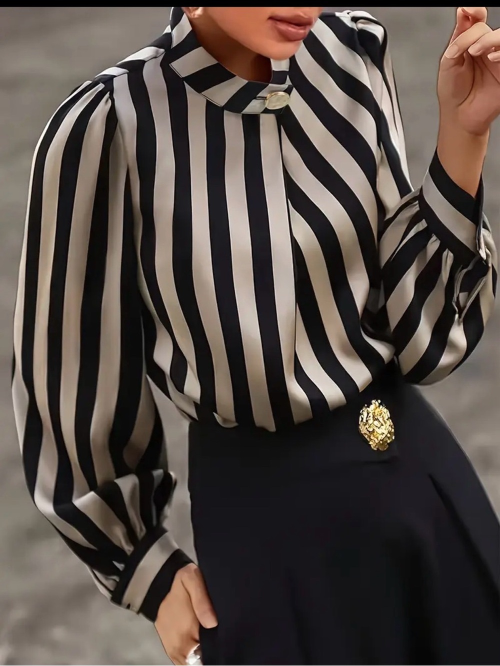 Striped Long-Sleeve Mock Neck Blouse in Black and Cream
